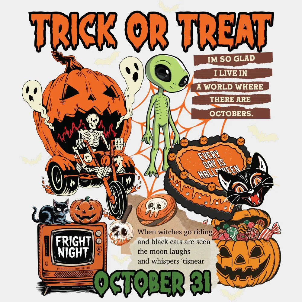 Trick Or Treat October 31 Halloween DTF Transfer Adult Unisex S & M (10’’) / Light Color Design (See Imaging)