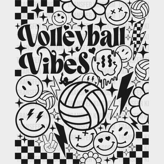 Volleyball Vibes Checkered B&W - Volleyball DTF Transfers Adult Unisex - S & M (10’’) / Dark Color Design (See Imaging)