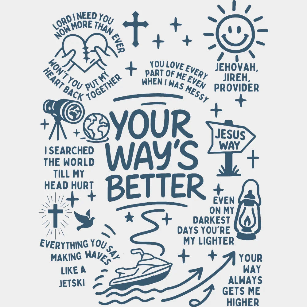 Your Way’s Better Five Color Design Religion DTF Transfer Adult Unisex S & M (10’’) / Blue Color Design (See Imaging)