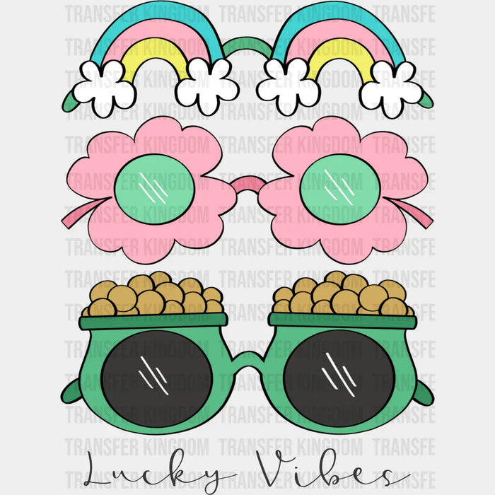 Rainbow Clover & Pot Of Gold Glasses Lucky Vibes St. Patrick's Day Design - DTF heat transfer
