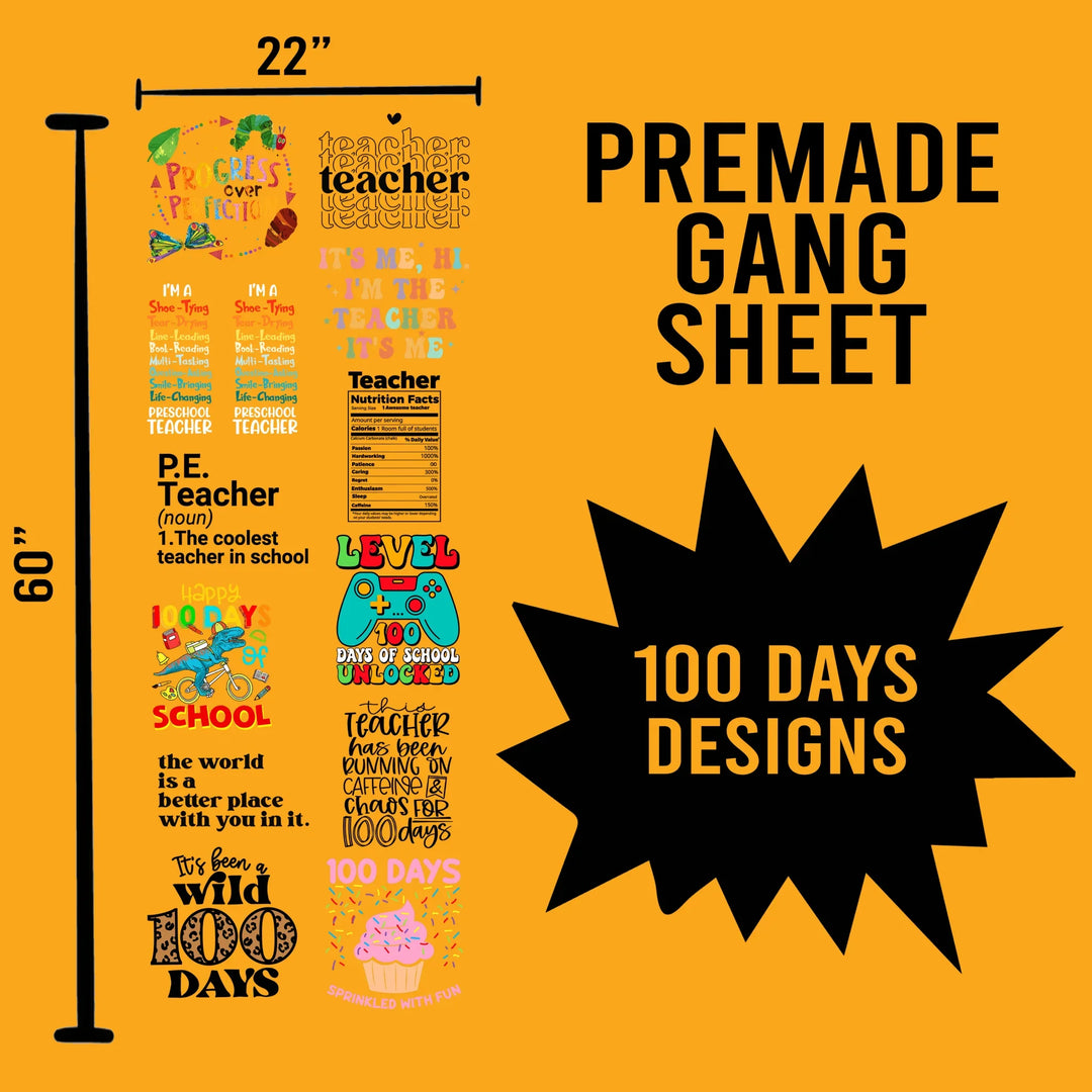 100 Days of School Premade Gang Sheet-22X60 (Set 9) - Transfer Kingdom