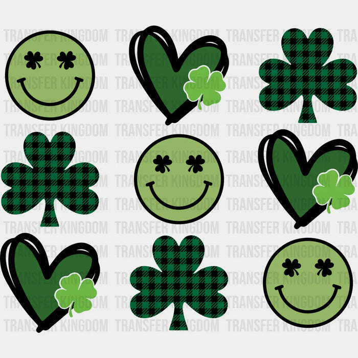 St. Patrick's Day Plaid Clover Green Smiley Heart Design - DTF heat transfer